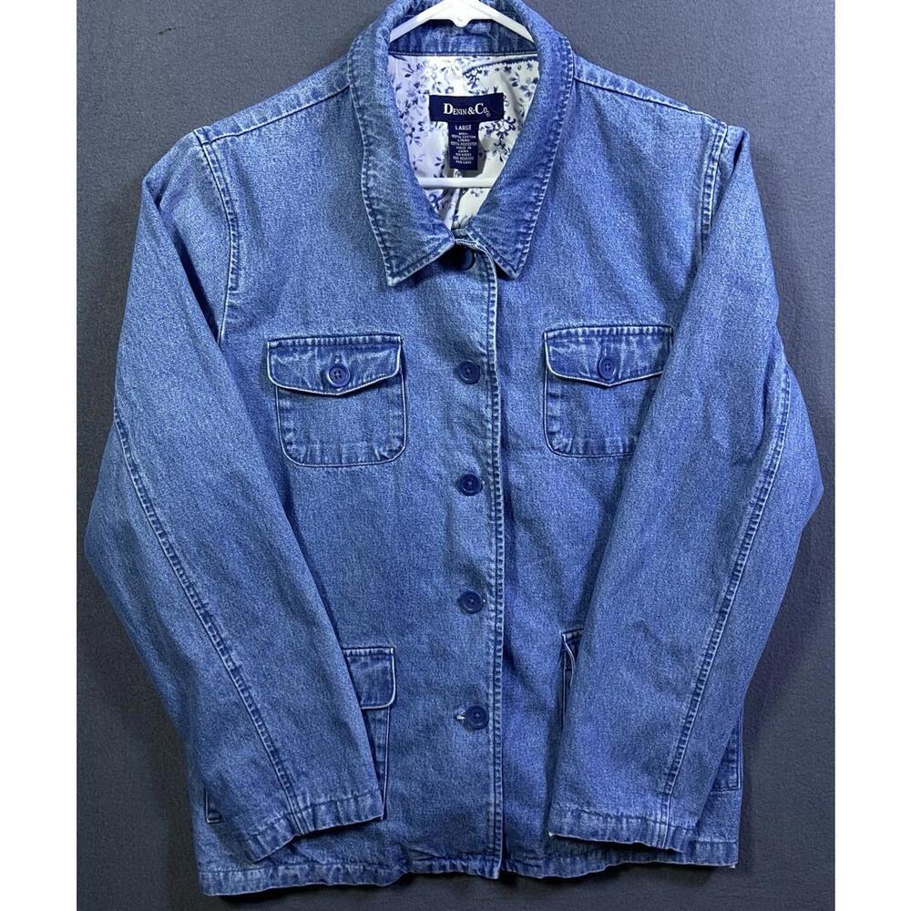 Denim & Co Women’s Blue Jean Chore Jacket Large Floral Lined Large Button EUC!